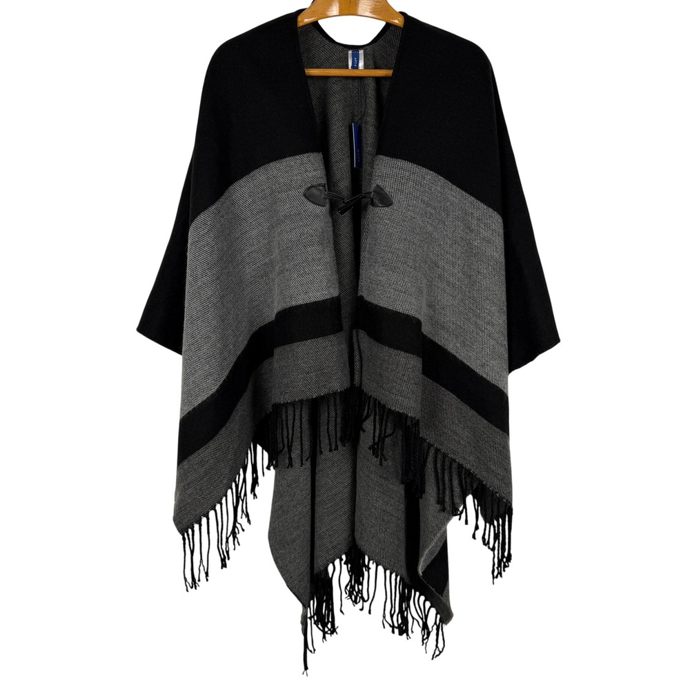 Apt 9 Poncho Cape One Size Black Gray Colorblock Toggle Fringe